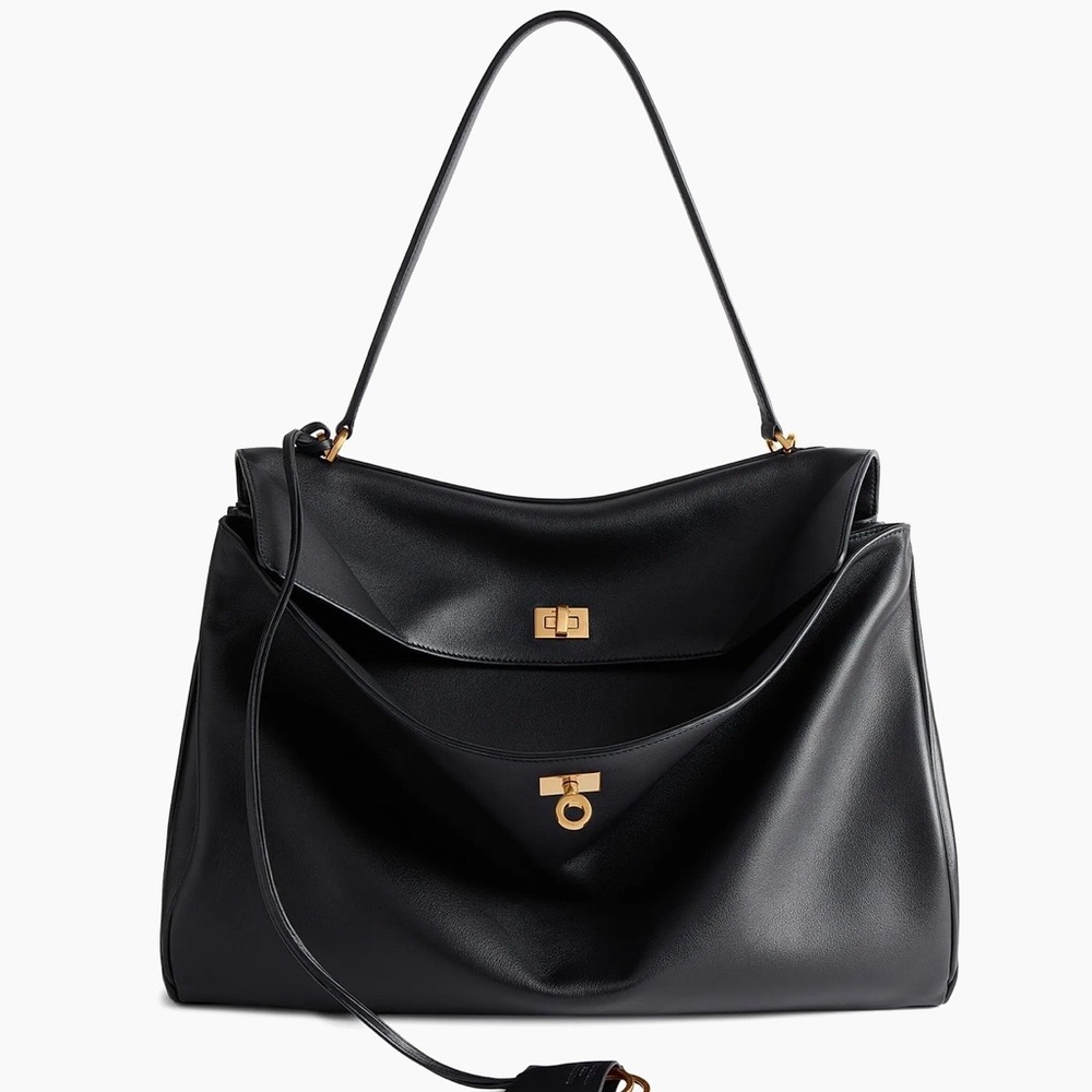 Balenciaga Black Leather Shoulder Bag with Gold Hardware